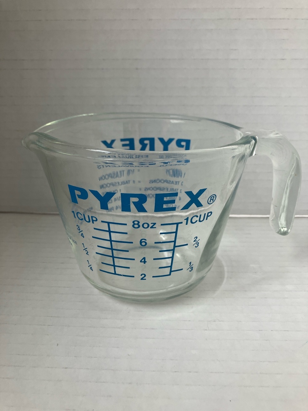 Vintage PYREX Glass Measuring Cup with Blue Markings Patent Pending Model 80’s